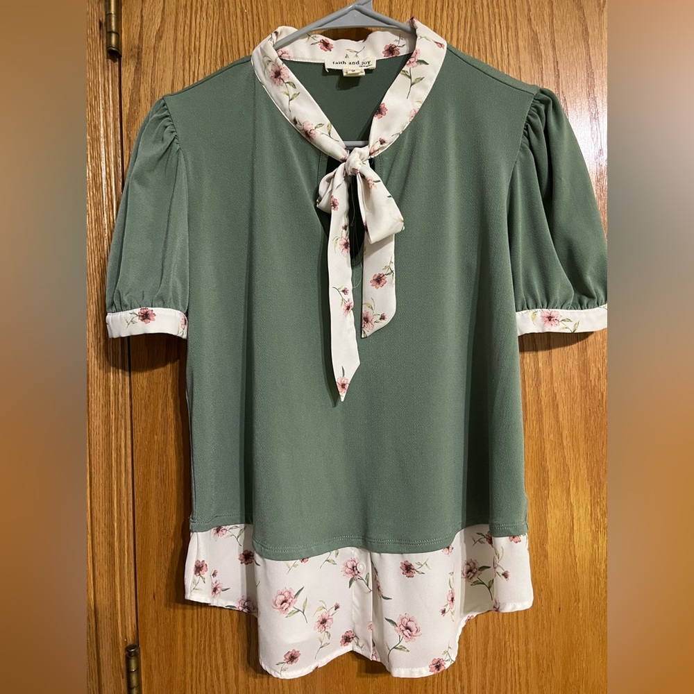 Faith and Joy floral green blouse with tie neck